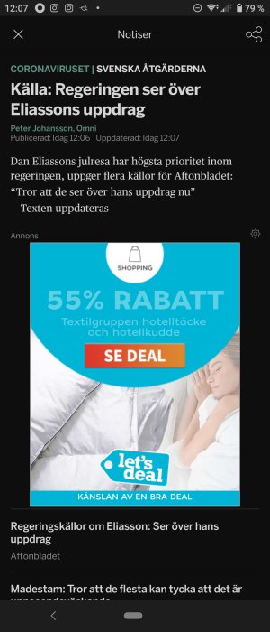 Skärmdump av en nyhetsartikel med rubrik om granskning av en myndighetschefs uppdrag, visar även en annons.