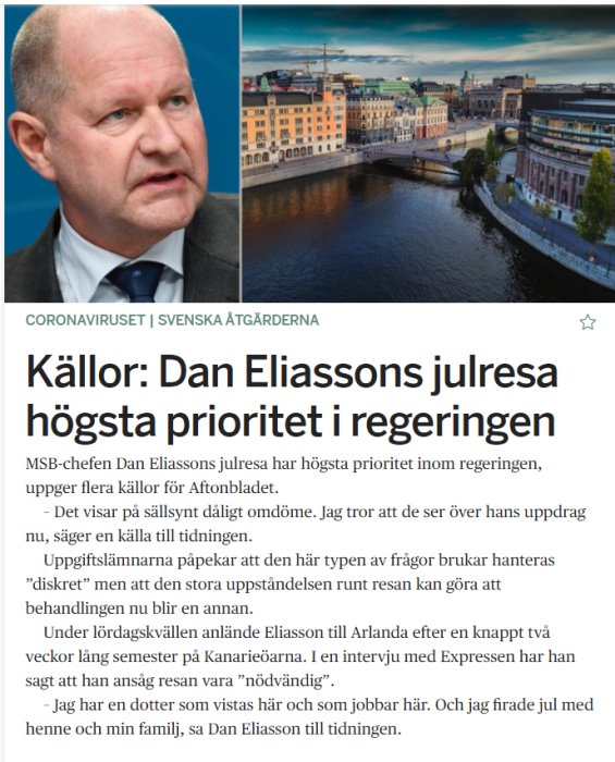Bild på Dan Eliasson kombinerat med panorama över Stockholm och rubrik om hans julresa.