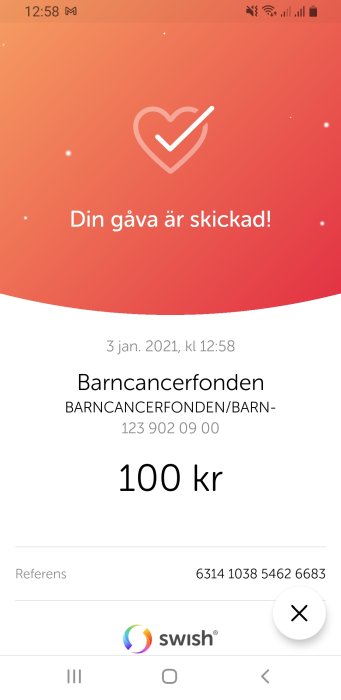 Skärmdump av en Swish-överföring till Barncancerfonden på 100 kr.