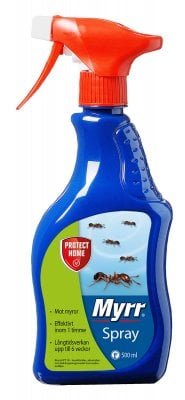 Flaska med Myrr spray för inomhusbruk mot myror, i flytande form med spraymunstycke.