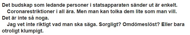 Skärmbild av en textartikel som diskuterar statens budskap om coronarestriktioner och hur de kan tolkas.