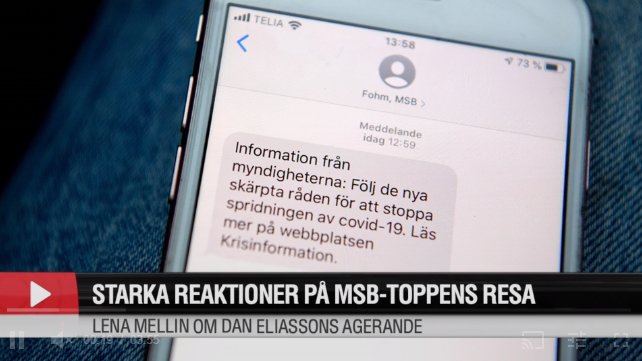 Smartphone visar SMS från MSB med råd om att stoppa COVID-19 spridning.