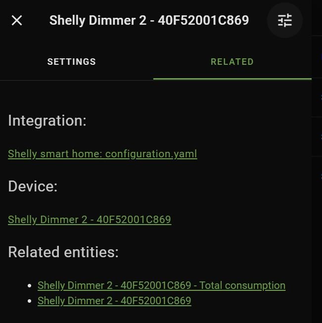Skärmdump av Shelly Dimmer 2-konfiguration inom en smart hemintegration.