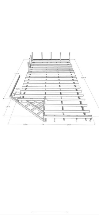 Ritning av altanstomme på 5x11 meter med måttmarkeringar och konstruktionsdetaljer.