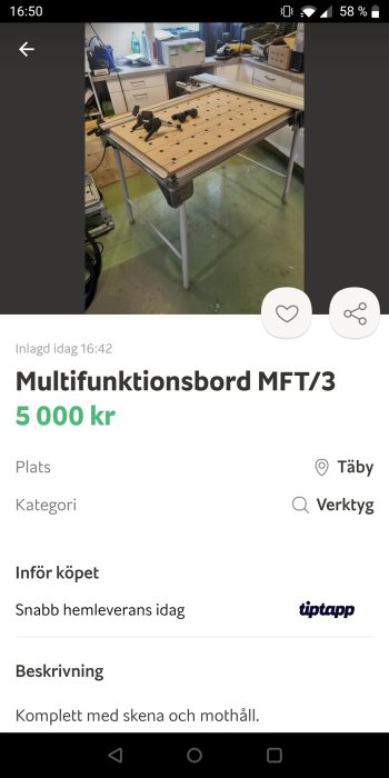 Funktionellt multifunktionsbord MFT/3 i arbetsmiljö med tillbehör. Pris 5000 kr i Täby, komplett med skena och mothåll.