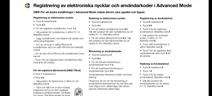 Sida ur manual med instruktioner för registrering och radering av elektroniska nycklar och användarkoder.