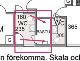 Ritning av ett badrum med markerade ändringar för renovering, inklusive rivning av bastuväggen.