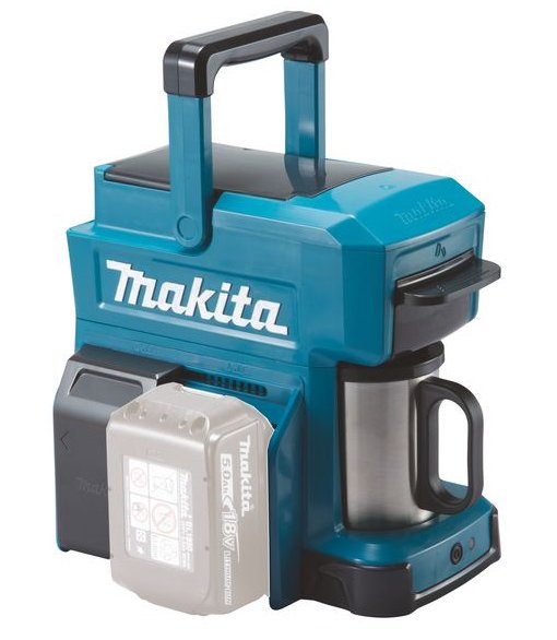 En Makita-kaffebryggare med bärhandtag och batteri för byggplatser.