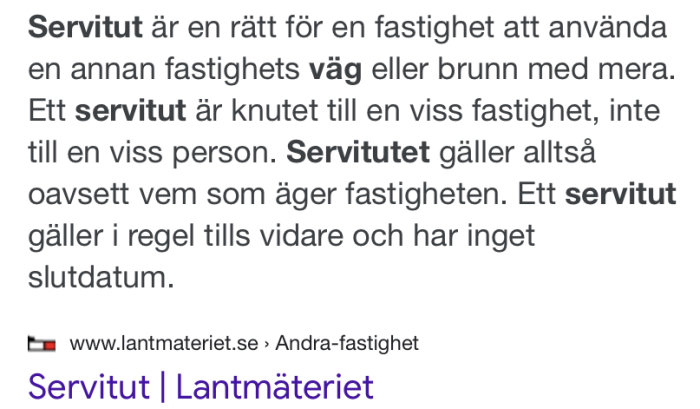 Skärmdump av information om servitut från Lantmäteriets webbsida.