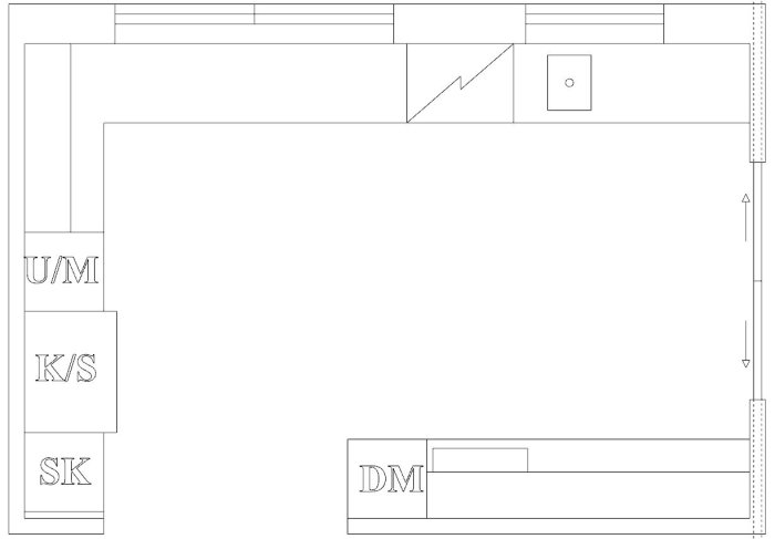 Enkel ritning av ett rums layout med markerade öppningar och skjutdörrar som är 180 cm breda, inkluderar möbleringsdetaljer.