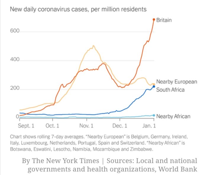 Diagram som visar nya dagliga coronavirusfall per miljon invånare i Storbritannien, Sydafrika och närliggande länder.