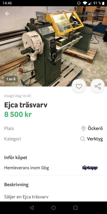 Begagnad Ejca träsnurrmaskin i verkstadslokalis, inget skyddsfönster, säljs för 8500 kr.