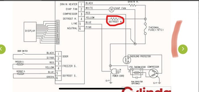 Elektriskt schema för frys med markering av DEFROST H och ledningsfärger.