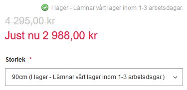 Kampanjsida som visar en nedsatt prisannons för en 90 cm rund duschhörna, nu för 2 988 kr från det ursprungliga priset 4 295 kr.