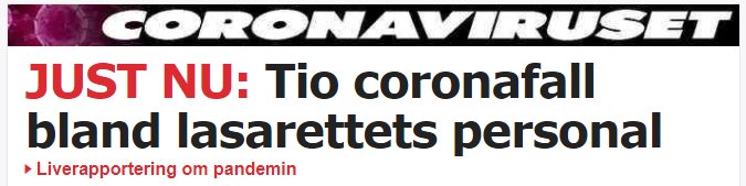 Nyhetsrubrik om tio nya fall av coronaviruset bland sjukhuspersonal.