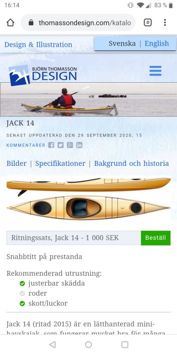 Webbsida som visar en kajakmodell, Jack 14, från en designkatalog.