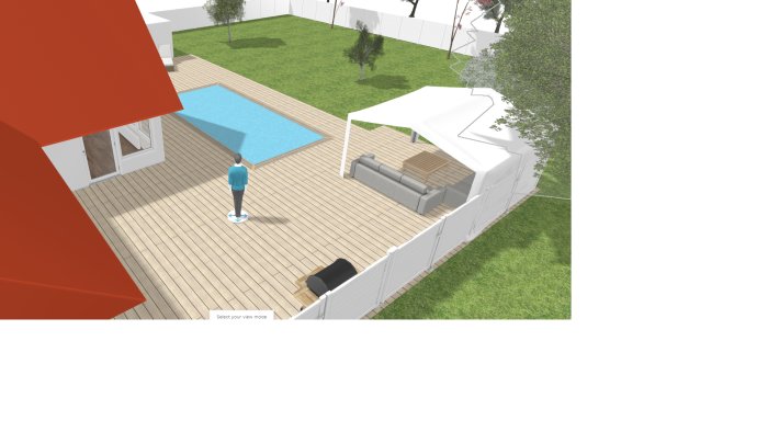 3D-rendering av en trädgård med trädäck, pool, loungemöbler och staket, sedd från ovan.