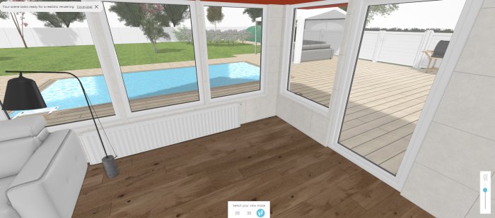 3D-rendering av ett vardagsrum med utsikt över en pool omgiven av en träaltan sett genom stora fönster.