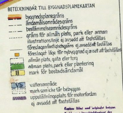 Bild på en förklaring av symboler och färgkoder på en byggnadsplankarta för planområde.