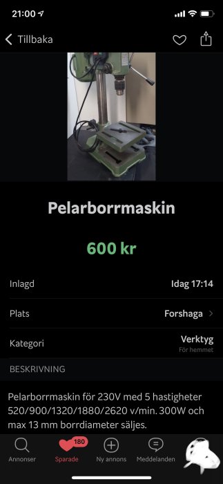 Grön pelarborrmaskin till salu för 600 kr, visas på mörk bakgrund.