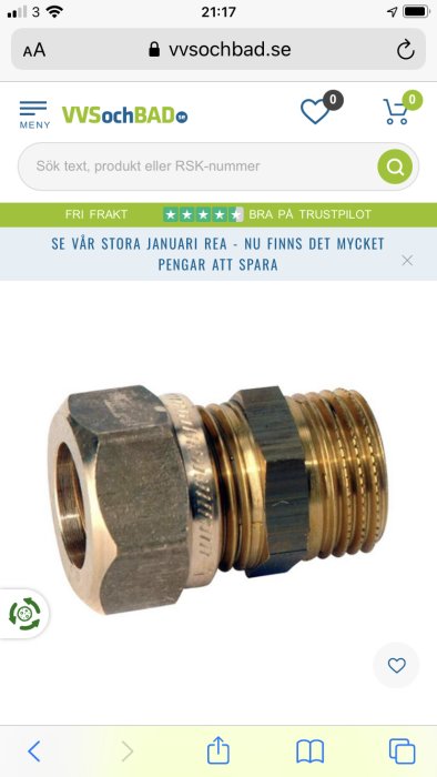 Rördel i metall med sexkantig mutter och gängad anslutning.