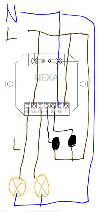 Handritad schematisk illustration av elinstallation med fjärrmottagare och strömbrytare, märkt med Nexas WMR-3000.