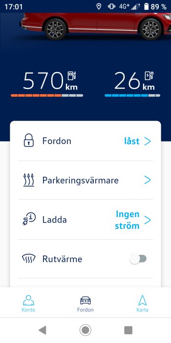 Skärmdump av bilapp med räckvidd, laddning och menyn för parkeringsvärmare, låsfunktion och ruttvärme.