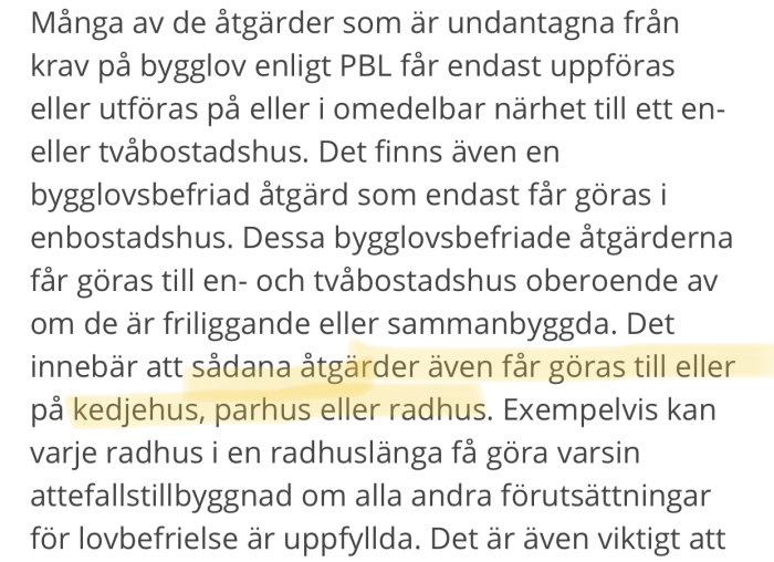 Skärmavbild av en textpassage om bygglovsbefriade åtgärder för en- eller tvåbostadshus enligt PBL.