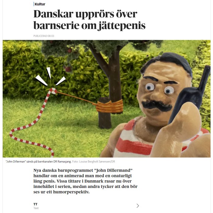 Animerad figur med mustasch, randig tröja och lång streckad linje som föreställer en penis.