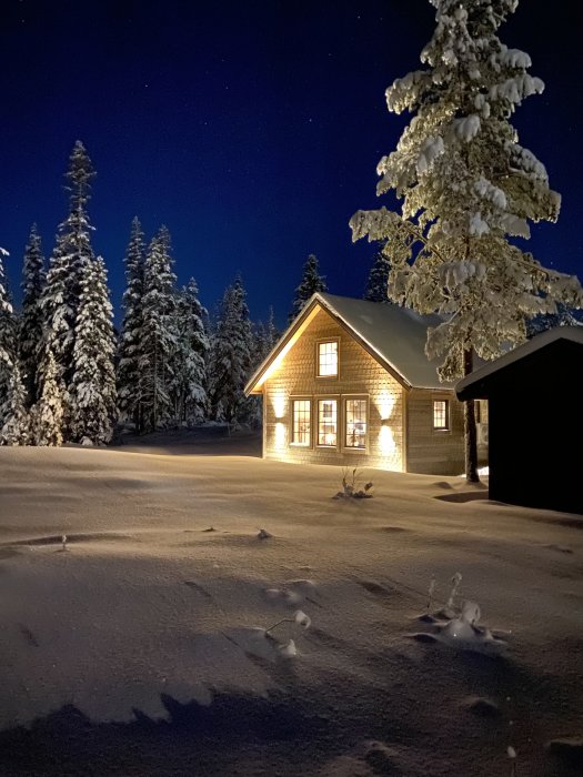 Stuga med tända fönster i snölandskap på natten under stjärnhimmel.