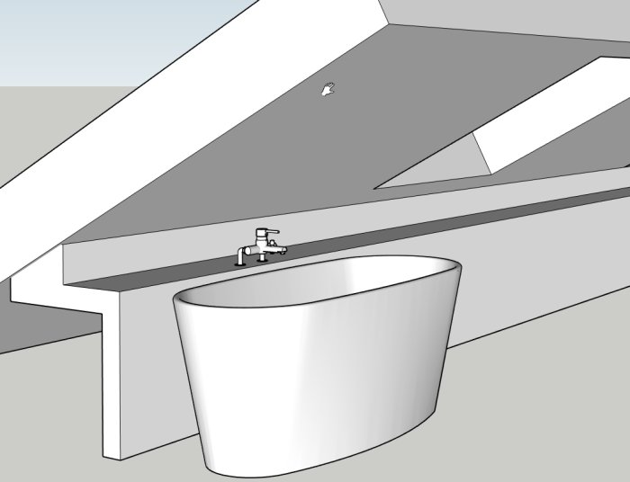 3D-skiss av ett ombyggt badrum med snedtak, frittstående badkar och blandare på hylla.