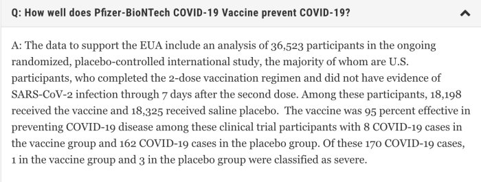 Skärmdump av en FAQ om Pfizer-BioNTech COVID-19-vaccinets effektivitet med text och statistik.