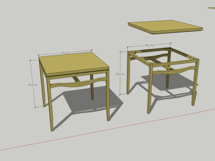 3D-modell av ett enkelt soffbord i ek med måttangivelser, presenterar design för handgjorda sammanfogningar.