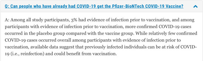 Textutdrag om möjlighet för personer som haft COVID-19 att få Pfizer-BioNTech vaccinet, med statistik och rekommendation.