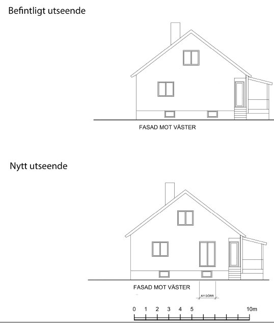 Ritningar som visar befintligt och nytt utseende på gavelvägg med planerat dörrhål.