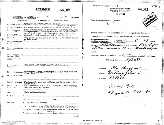 Skannade bygglovsdokument från Göteborg 1950 med beskrivningar av material och konstruktion för ett hus.