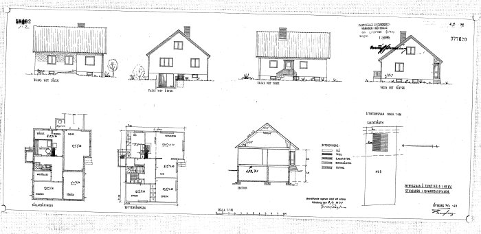 Arkitektritningar av ett hus från 1950 med fasadvyer och planskisser för diskussion om bärande vägg.