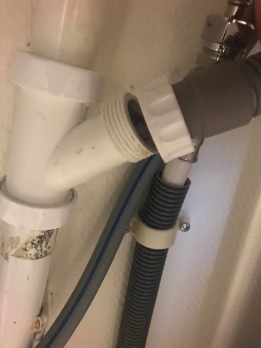 Tvättmaskinsavloppsslang som är löst kopplad till PVC-grenrör under tvättstuga vask.
