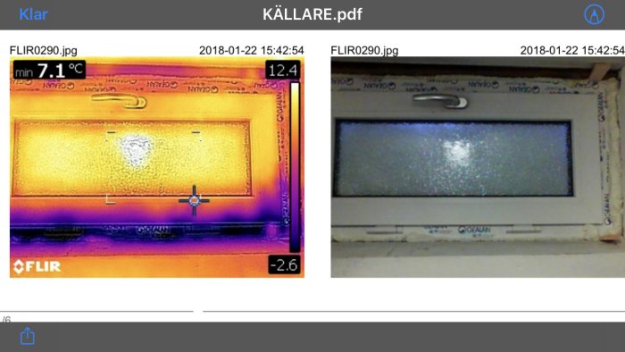 Termisk bild av läckande källarfönster bredvid en normalbild som visar dålig montering.