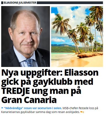 Bilden innehåller en montage av två bilder, överst en man i kostym och nedanför en tropisk strand med palmer.