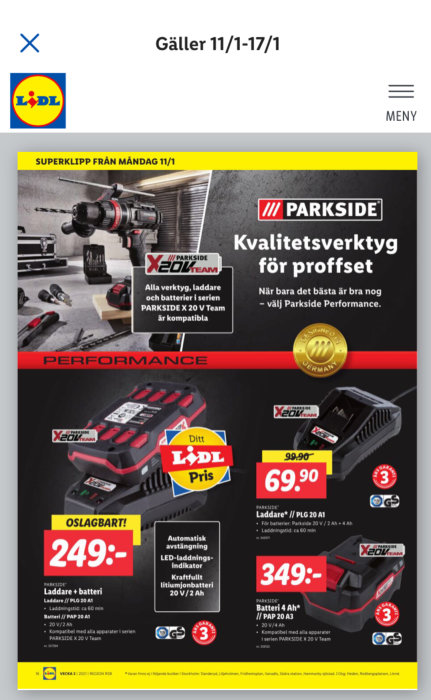 Reklamblad från Lidl med erbjudanden på Parkside verktyg, batterier och laddare.