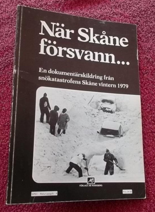 Bokomslag av "När Skåne försvann..." som visar personer och bilar insnöade under snökatastrofen 1979.