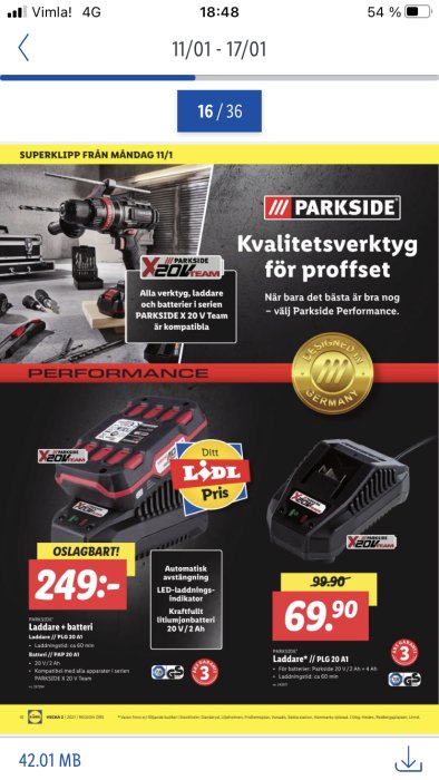 Reklambild för Parkside-verktyg och batterier med erbjudanden om Lidl-priser på borr och laddningsbara batterier.