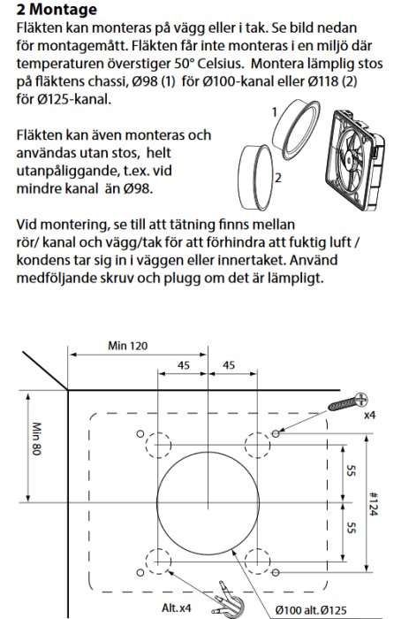 Monteringsanvisning för väggfläkt med måttangivelser och komponentillustrationer, inklusive skruvar och proppar.