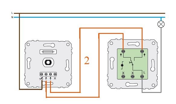 Elektriskt kopplingsschema med två apparatdoser, den vänstra ska ersättas med en Plejd-dimmer.