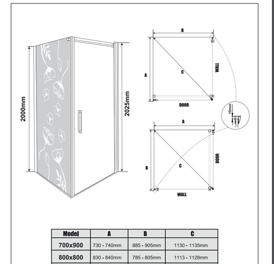 Monteringsmanual för duschkabin med mått och justeringsintervall för installationen, inklusive diagram över hörndusch med glasväggar.