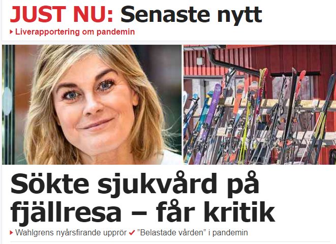 Kollage av en leende kvinna och skidor lutade mot en röd stuga, relaterat till en artikel om fjällresa och sjukvårdskritik.