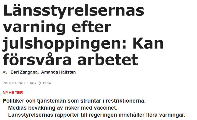 Artikelrubrik om länstyrelsernas varning efter julshopping, påtalande risker med vaccinet och rapport till regeringen.