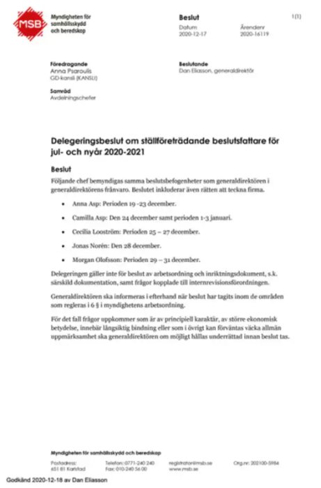 Bild på ett officiellt dokument med rubriken "Delegeringsbeslut om ställföreträdande beslutsfattare" från MSB, daterat 17 december 2020.