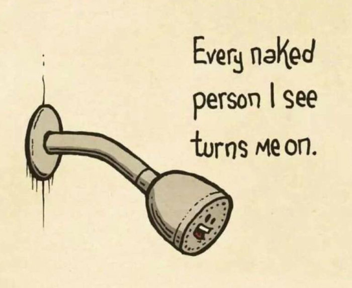 Tecknad bild av en dusch med texten "Every naked person I see turns me on.